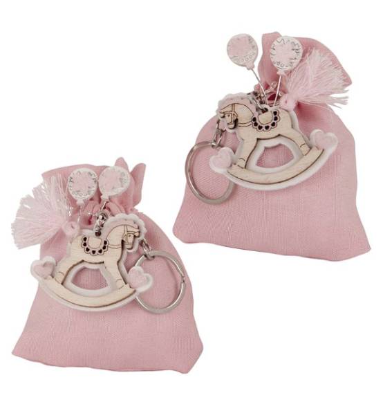 Bomboniera Sacchettino portaconfetti rosa con portachiavi nascita battesimo bimbo cavallino